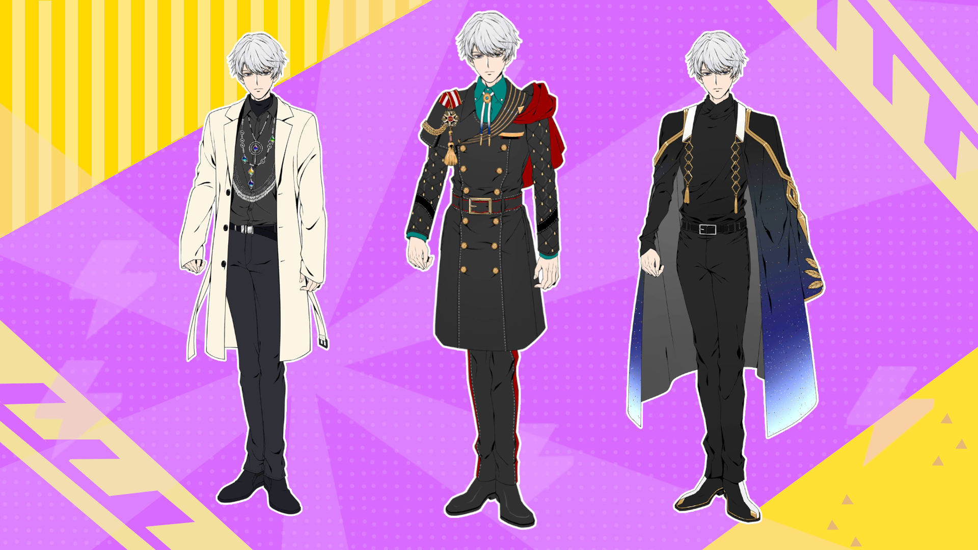 Obey Me's Solomon in three different outfits