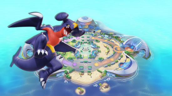Pokémon Unite Garchomp over an arena