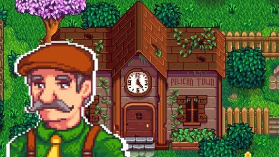 Stardew Valley Lewis in front of the Pelican Town community centre