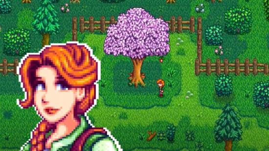 Stardew Valley Leah over a grassy background with a blossom tree