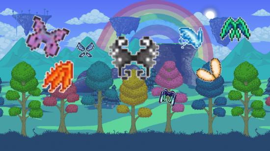 Terraria wings over a biome background with brightly coloured trees