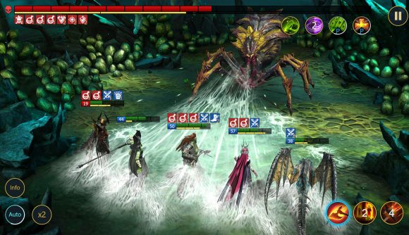 Best Android games: a giant boss spider spits webs at a team of heroes in Raid: Shadow Legends