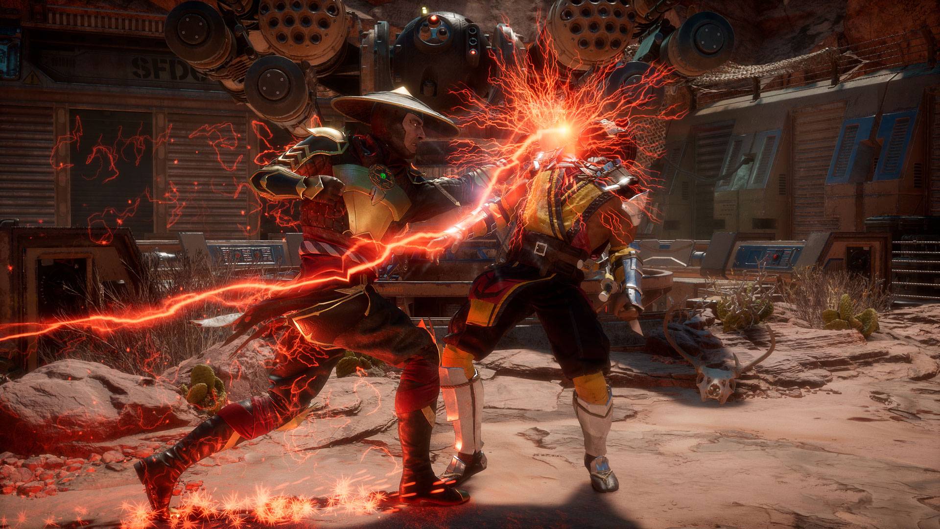 Raiden from Mortal Kombat uppercuts an oppenent, as red sparks fly out of his hand with the power of his punch