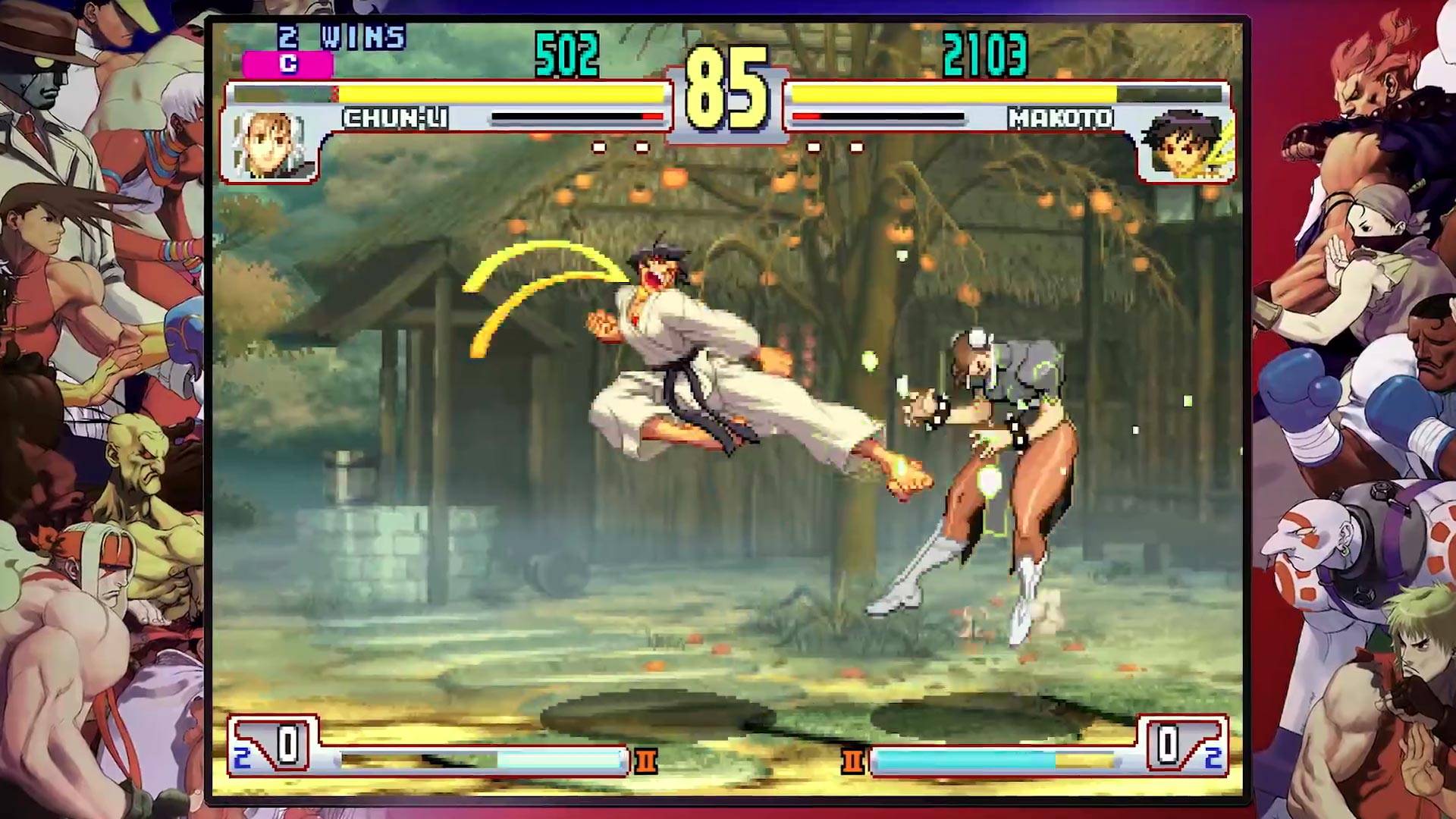 Two characters from Street Fighter, one of them Chun Li, are fighting in the air