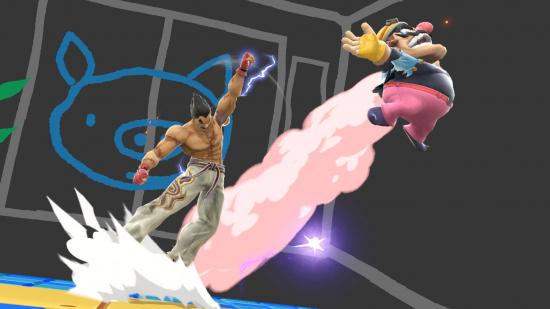 Kazuya from Tekken launches Wario into the air with a powerful punch