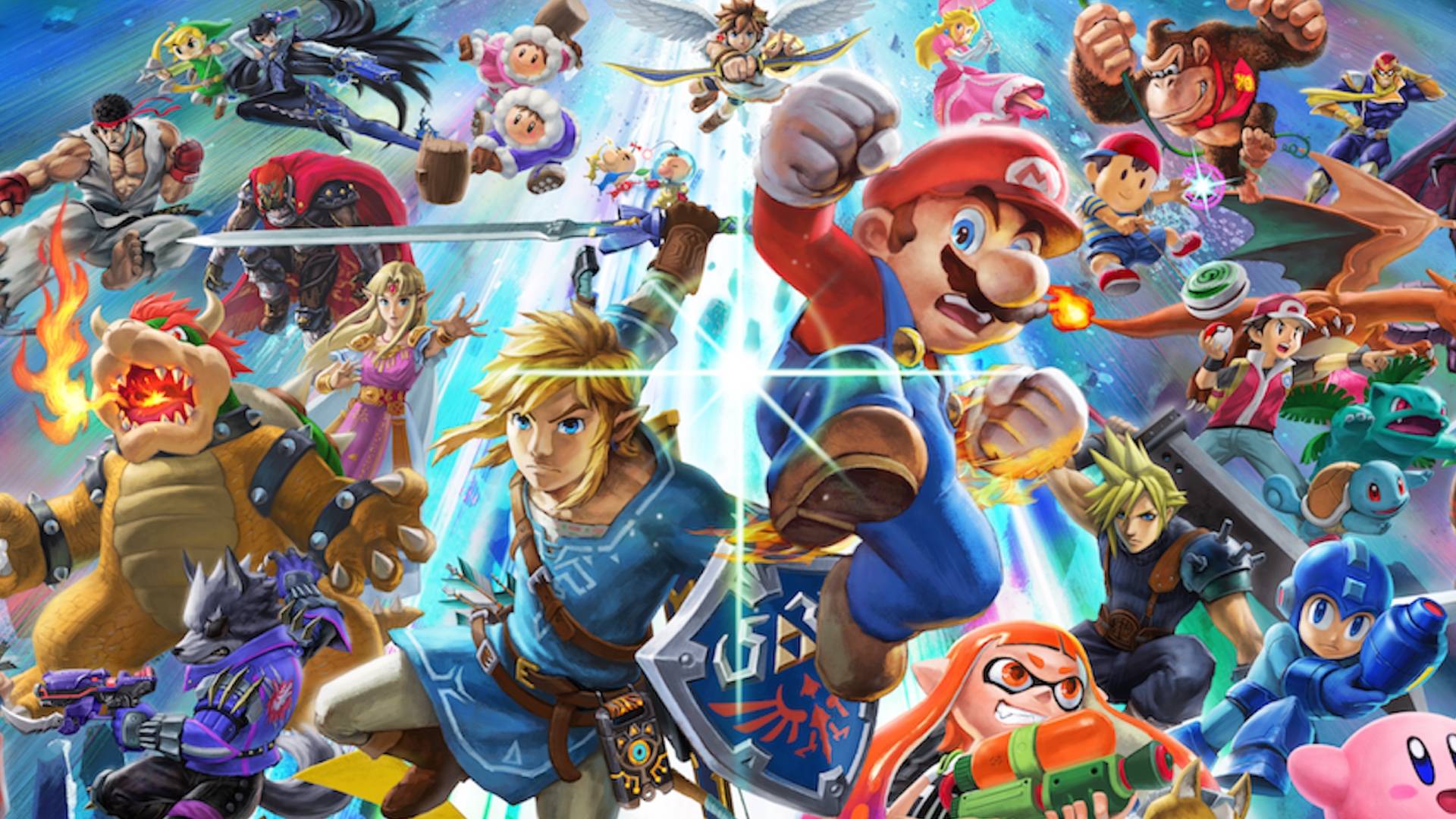 Mario, Link and many other Nintendo characters are jumping forward in a large mural
