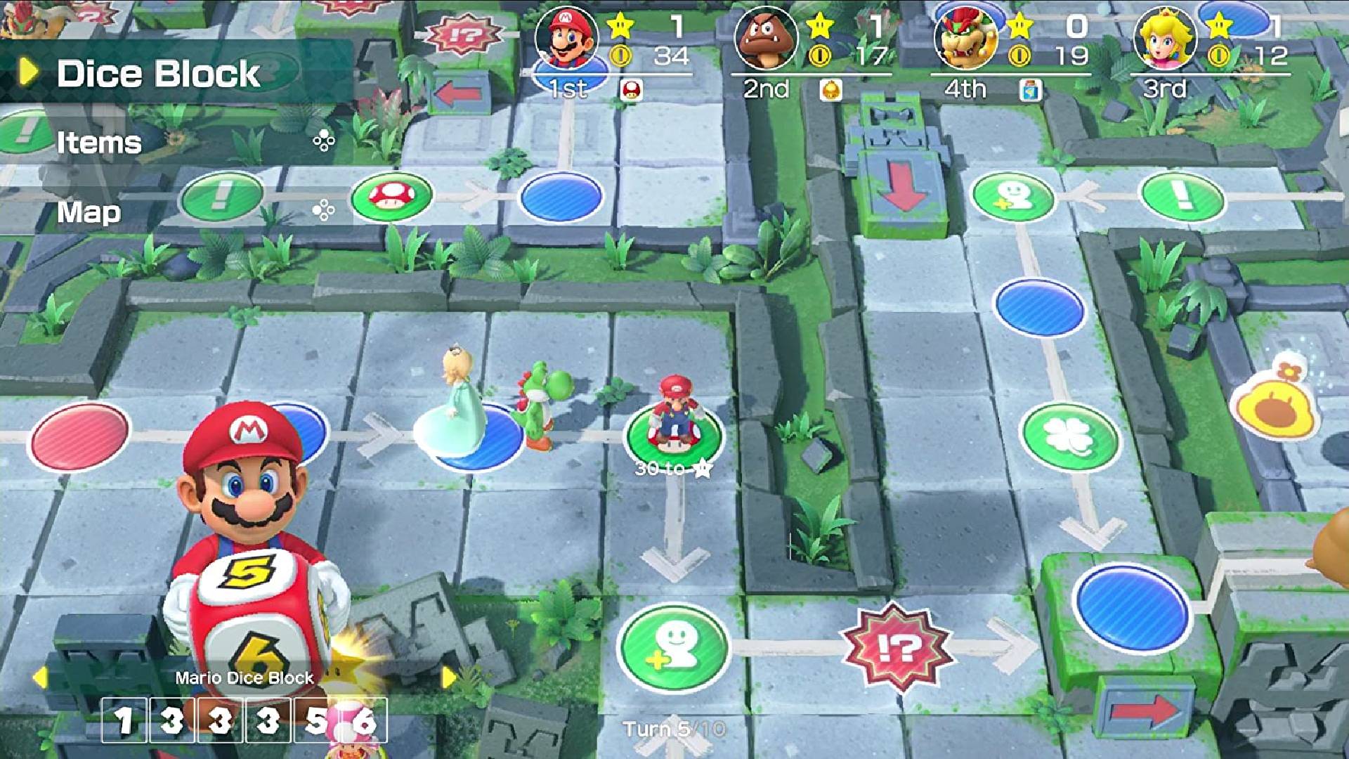 Mario is holding a dice, ready to roll and move forward over a Mario Party board