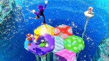 Waluigi jumps high in the air, bouncing on Luigis head. several Mario character are trying to stay on platforms, and not be dropped into the ocean.