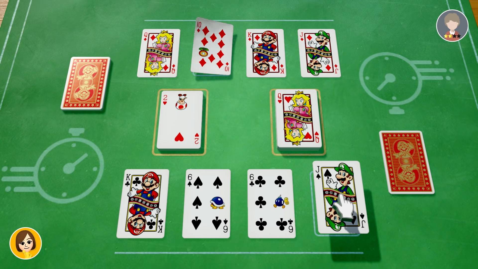A game of cards is being played, with Mario characters visible on the cards themselves 