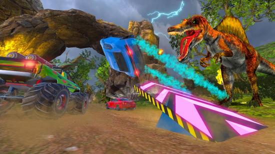 A bright blue car flips sideways after launching from a neon blue ramp, whilst a dinosaur roars in the background