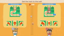 Two players take part in a minigame, where you must choose the right piece of train track needed to guide a train to the station