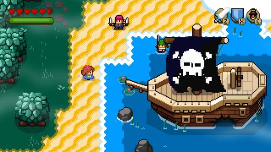 A pixelated landscape shows a young girl standing in front of a huge pirate ship, on a beach