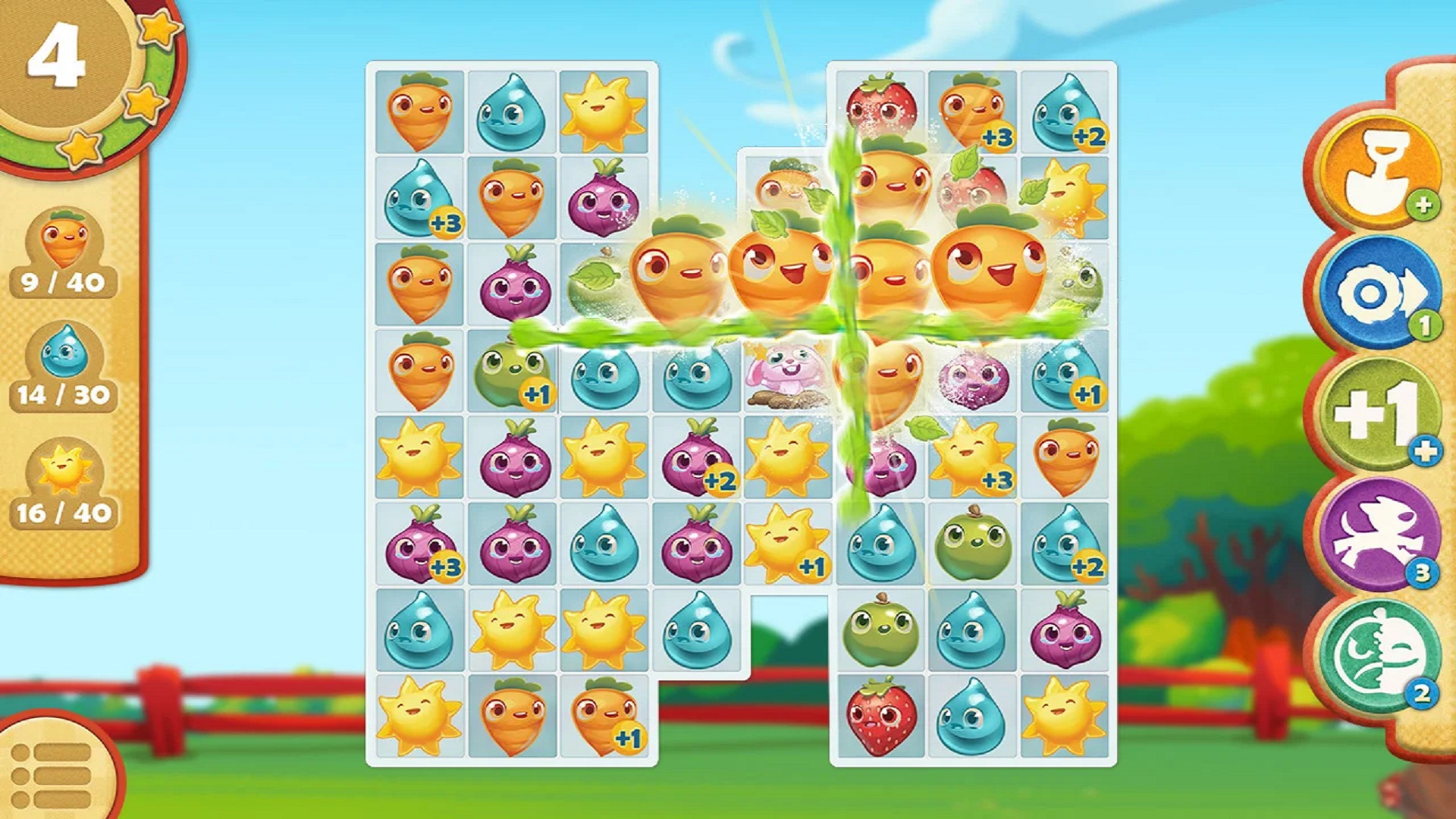 Screenshot of Farm Heroes Saga showing carrots being matched