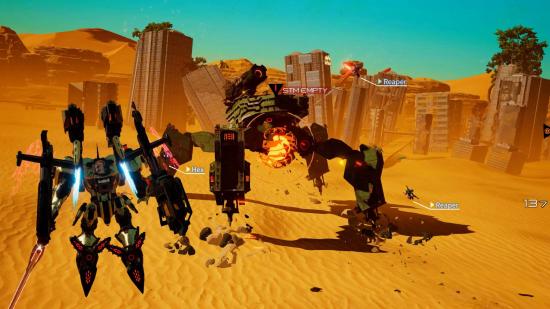 A player is controlling a large mech suit, an Arsenal, against a giant spider-like corrupted robot in a sand dune