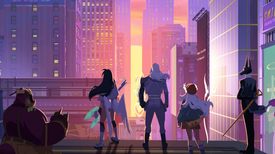 Dislyte heroes looking over a sunset cityscape