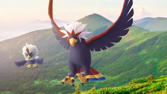 Braviary and Rufflet flying through the sky