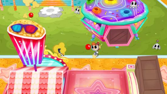 The character Rainbow Billy stands in a green field, surrounded by brightly coloured amusements and items