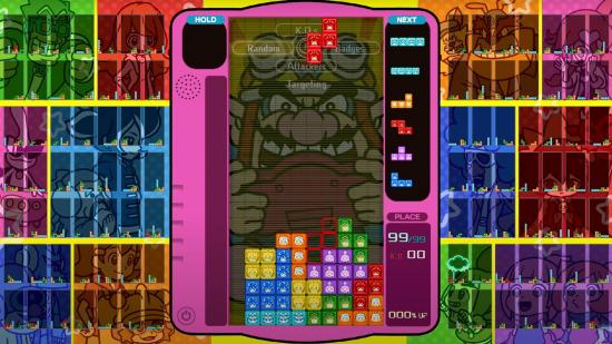 A game of Tetris 99 is being played, while the surrounding theme shows characters from WarioWare: Get It Together!