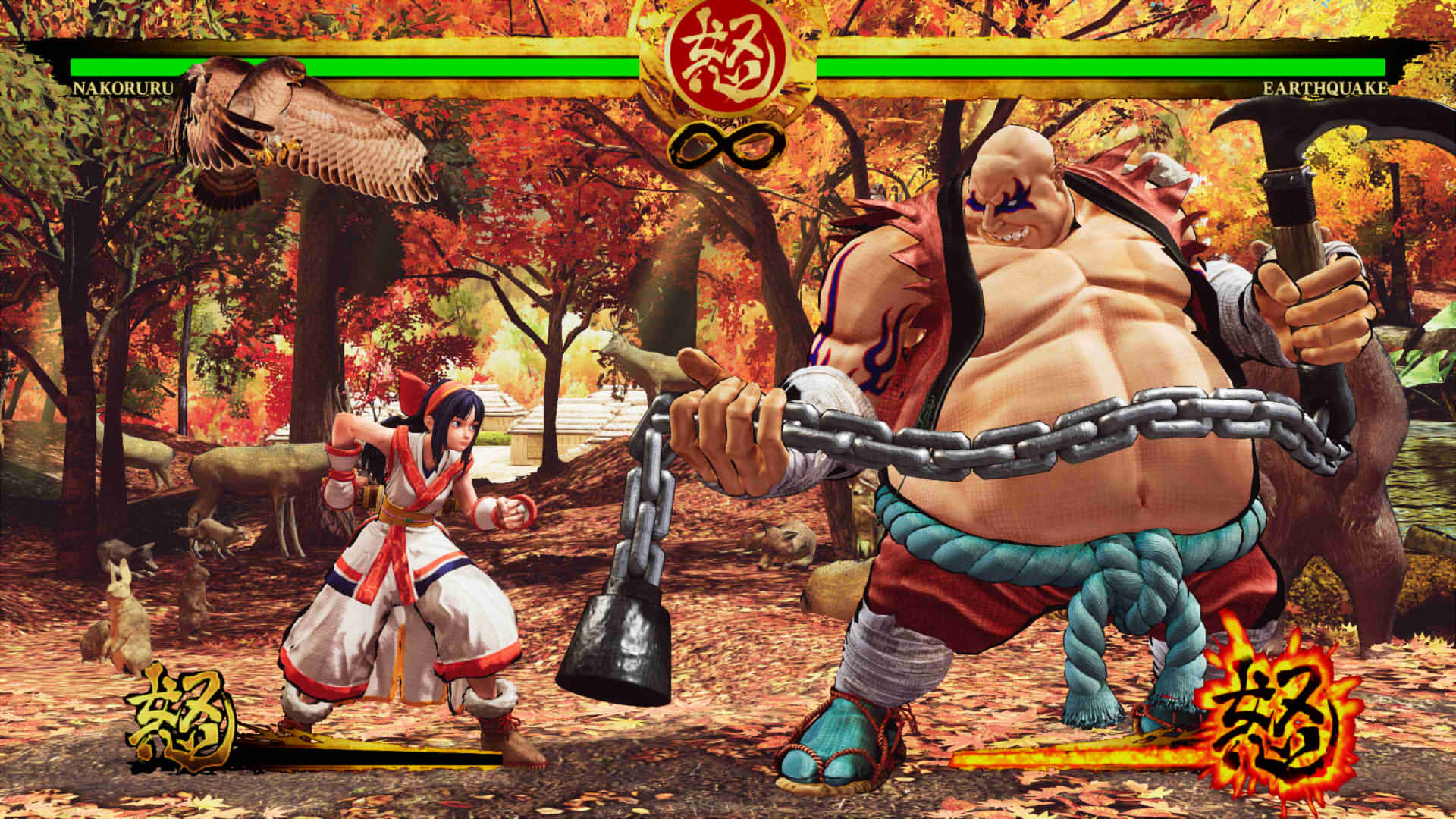 A small girl in a white and red martial arts outfit is fighting a huge, bulking, bald man with a large belly