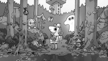 The main character from hand drawn adventure TOEM stands in the middle of a forest clearing, with a ghost peaking behind a tree and several creatures floating around