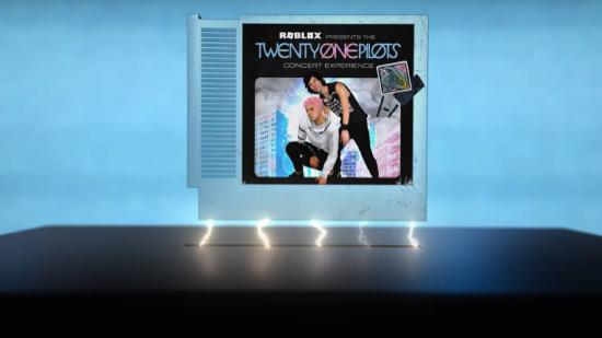 A game cartridge featuring the band Twenty One Pilots is being lowered into a black console while lightning sparks underneath