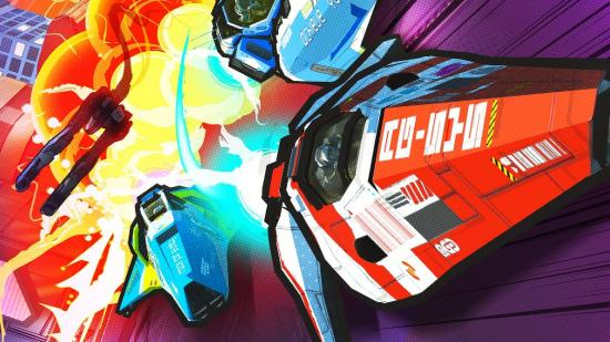 Futuristic cars zoom forward in a comic-book stylised art style