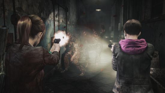 Best Switch horror games; screenshot from Resident Evil Revelations 2 showing two characters shooting at zombies