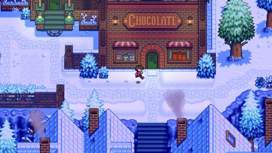 Haunted Chocolatier release date: Someone running through a winter scene in a town outside a chocolate shop