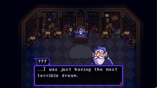 Haunted Chocolatier release date: a person talking to an old man in bed, with a text box across the screen