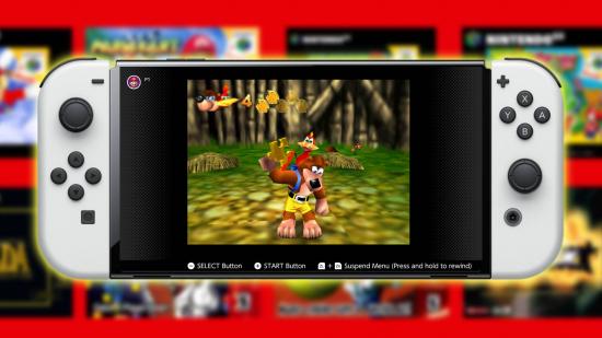 A Nintendo Switch OLED Model is pictures, with Banjo Kazooie running on the Nintendo Switch Online service.