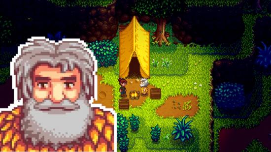 Stardew Valley Linus in front of his tent