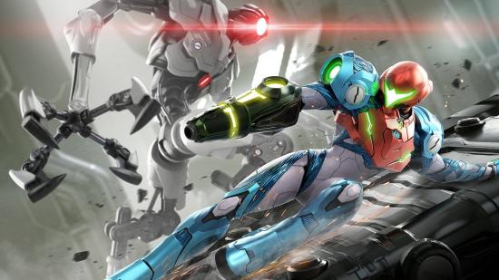 Samus slides dynamically down a metal surface while the menacing robot E.M.M.I. looms over her in the background, it's red light shining bright