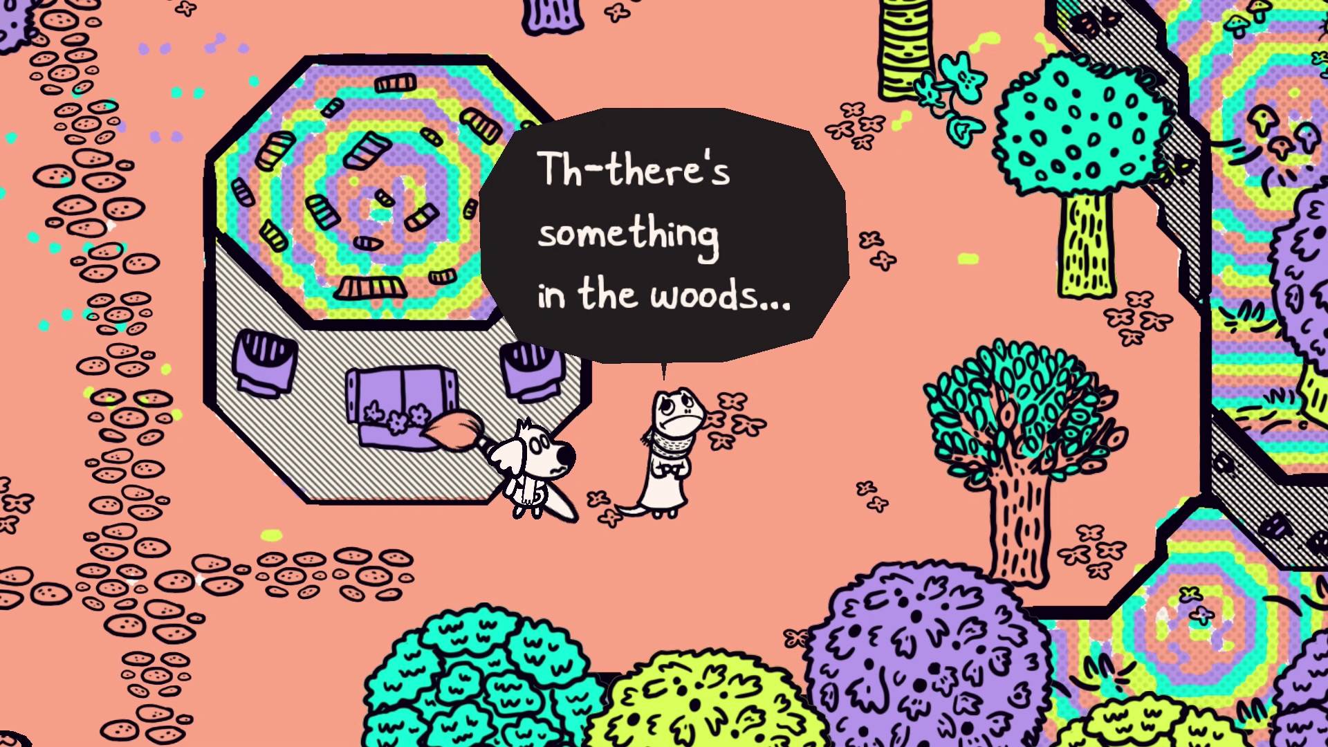 The player character talks to an NPC in a colourful world 