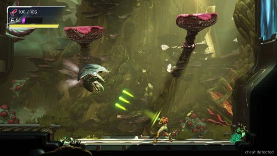 Samus from Metroid stands firm and shoots green energy blasts at a large insect-like monster