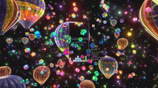 A game of tetris is being played, as balloons surround the area and effects are visible everywhere