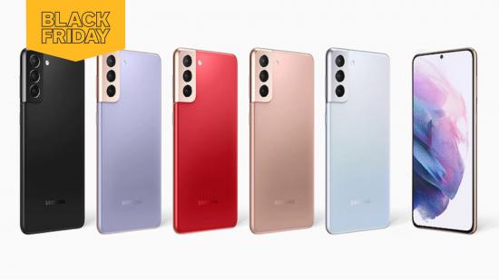 Five different coloured Samsung phones