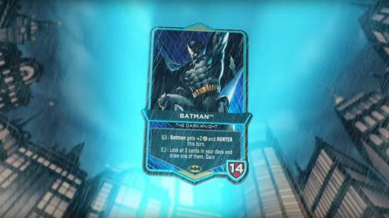 A Batman card surrounded by buildings