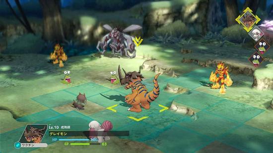 A grid-based combat arena in the middle of a forest, shows several different monsters lined up to fight each other