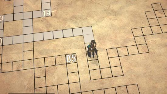 A fantasy character navigates a grid over a barren looking board