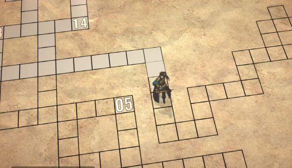 A fantasy character navigates a grid over a barren looking board