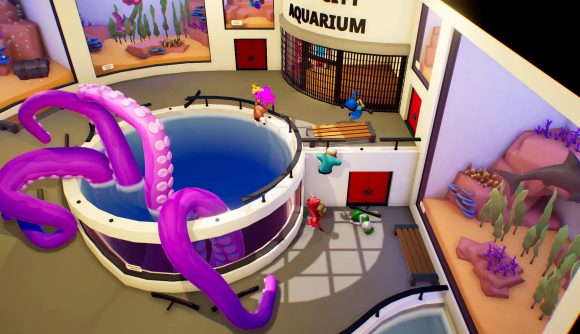 A pool with a large squid in stands next to a few colourful characters, looking to be playing against each other in a game