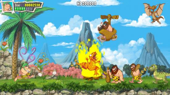 A cartoon styled image shows several caveman walking through a 2D platformer, a dinosaur shrieks whilst on fire, and a flying Pterodactyl appears in the air