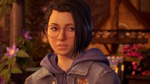 Alex Chen, from Life Is Strange: True Colors is shown. SHe is a young girl with brown, shoulder length hair, and round glasses. She is looking to her left with confusion on her face
