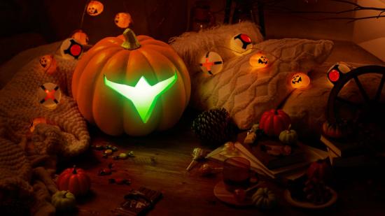 A pumpkin is shown, with the carvings making it look similar to Samus Aran's visor