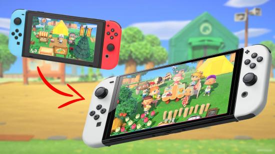 A regular Nintendo Switch and an OLED switch are shown, both playing Animal Crossing. A red arrow points from the older switch towards the OLED Switch.