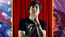 A headshot of developer SUDA 51 shows him stroking his chin pensively