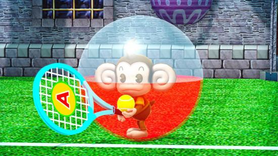 A monkey in a large ball somehow holds a tennis racket, ready to serve up a shot
