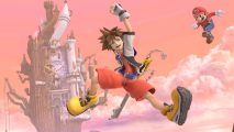Sora from Kingdom Hearts appears, jumping in the air for joy, while Mario is visible in the background behind him