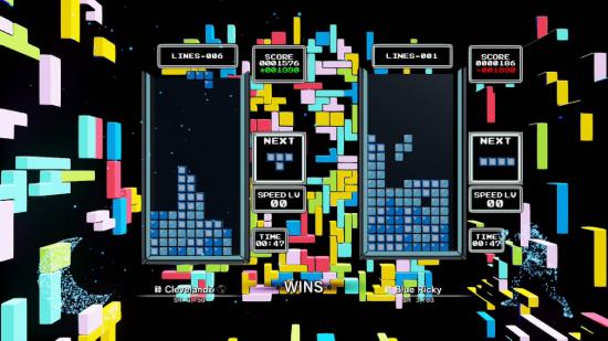 Two players play competitively in a game of tetris, while the background is lit up with neon tetris blocks