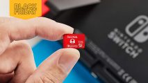 A hand holds a 128GB SanDisk microSDXC card. A Nintendo Switch is in the background.